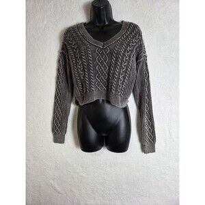 Aeropostale Chunky Cable Knit Sweater XS Gray V Neck Cropped Pullover Cute‎